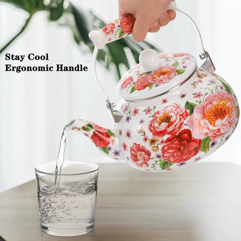 Person pouring water from Enamel Steel Tea Kettle Stovetop 2.6 Quart Large Porcelain Enameled Teakettle 2.5L Colorful Floral Design
