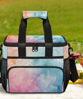 Abstract Gradient Insulated Picnic Backpack Lunch Bag For Women And Men Grab And Go Portable Tote with food on picnic blanket.