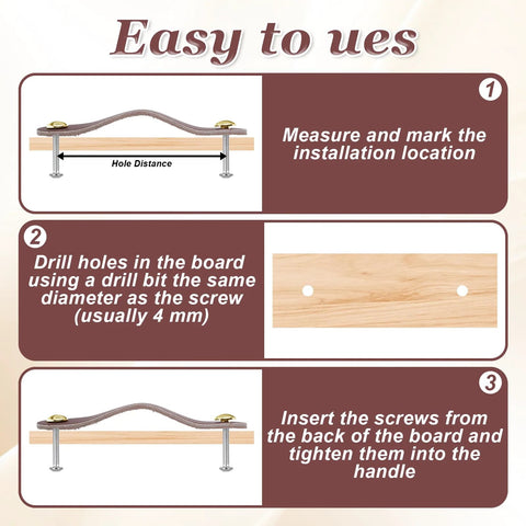 Instruction guide for mounting 4 Pack Leather Cabinet Handles With Screws on wood surface, showing step-by-step installation process.