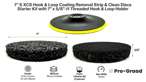 4 Piece Starter Kit With 7 Inch Silicon Carbide Coating Removal Discs and 5/8-11 Threaded Backing Pad Holder shown with dimensions.
