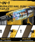 Cordless Two In One 18 Gauge Brad Nailer And Stapler Battery Powered Nail Gun With Fasteners For Wood showing brushless motor and nail options.