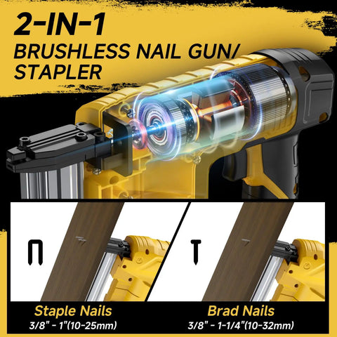 Cordless Two In One 18 Gauge Brad Nailer And Stapler Battery Powered Nail Gun With Fasteners For Wood showing brushless motor and nail options.