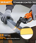 Side view of oscillating tool blade with titanium coating cutting metal; sparks fly