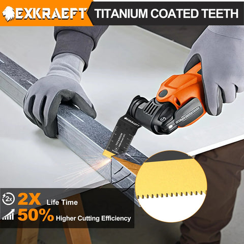 Side view of oscillating tool blade with titanium coating cutting metal; sparks fly