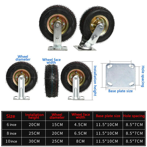 Heavy Duty Rubber Caster Wheels Featuring 360 Degree Swivel Action For Furniture And Workbench Carts, showing sizes and dimensions.