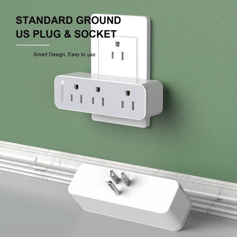 2-Pack Triple Outlet Plug Extender For Travel, Home, And Office, 3 Prong Grounded Outlet Splitter Expander, mounted on wall