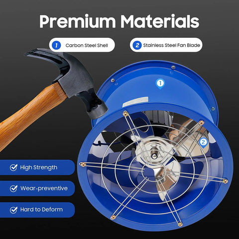 16 Inch Industrial Axial Blower with stainless steel blades and carbon steel shell, explosion proof safe design visible.