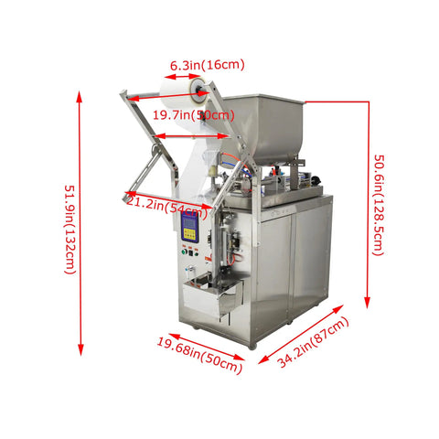 Heavy Duty Automatic Quantitative Filling And Sealing Machine With Horizontal Mixing Hopper Stainless Steel dimensions displayed.