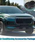 Green SUV driving with inset of 10 Pack ABS Valve Cover Caps For Car AC Service Ports High And Low Pressure Caps