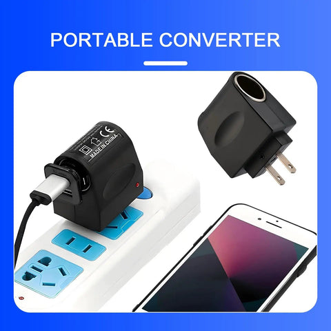 No Sweat Easy Install 220V To 12V Car Cigarette Lighter Plug Converter, portable design with USB output and black ABS casing.