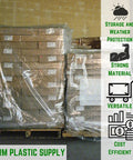 Battle Tested Heavy Duty Clear Pallet Covers 78X155 Inch 2Mil Polyethylene Workhorse Bags covering stacked pallets for protection.