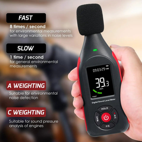 Digital Sound Level Meter With Recording And USB Rechargeable Power, 30 To 130 dB Range, 31,000 Data Logs, Three Color Alarm Lights, PC Data Export For Windows, Easy Setup For Home, Classrooms, Offices, And Industrial Environments. Handheld meter showing A/C weighting and dB reading.