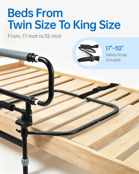 Foldable Bed Rail With Adjustable Height And Built In Storage Pocket for Seniors on wooden bed frame with safety strap included