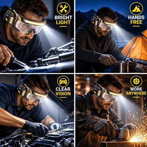 Kickass Rechargeable LED Safety Glasses With Hands Free Work Goggles Delivering Four Flexible Light Modes bright light in use during DIY tasks.