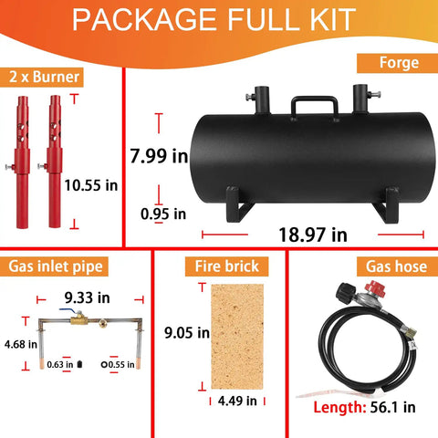 Package components of Portable Double Burner Propane Forge With Large Capacity For Blacksmithing including burners, gas pipe, fire brick, and hose.
