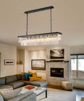 Rectangular Crystal Chandelier Black Modern Luxury with Six Lights Ceiling Fixture in elegant living room setting