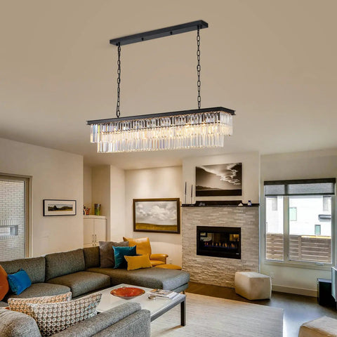 Rectangular Crystal Chandelier Black Modern Luxury with Six Lights Ceiling Fixture in elegant living room setting