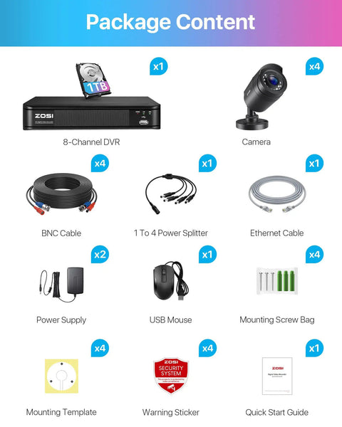 All In One AI Motion Detection Home Security System With 8 Channel DVR And 4 Weatherproof 1080p Bullet Cameras For Indoor Outdoor Use 80 Ft Night Vision H265 Plus 1TB HDD package contents
