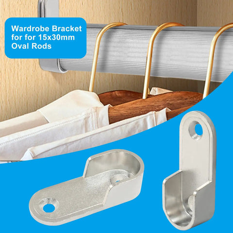 Two Pack Oval Closet Rod End Supports Flanges In Zinc Alloy Nickel Plated Finish, Rust Resistant Pole Brackets For 15mm x 30mm Oval Rods, Includes 4mm x 20mm Screws And Wall Anchors For Easy Install shown mounted on a closet rod