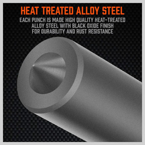 Close-up of a heat-treated alloy steel punch from Transfer Punch Set 28-Piece, showcasing rust resistant black oxide finish.