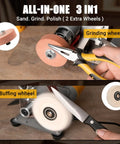 Badass Mini Electric Belt Sander And Knife Sharpener For Precision Jewelry Crafting And Desk Polishing Compact Power Tool with grinding and buffing wheels.