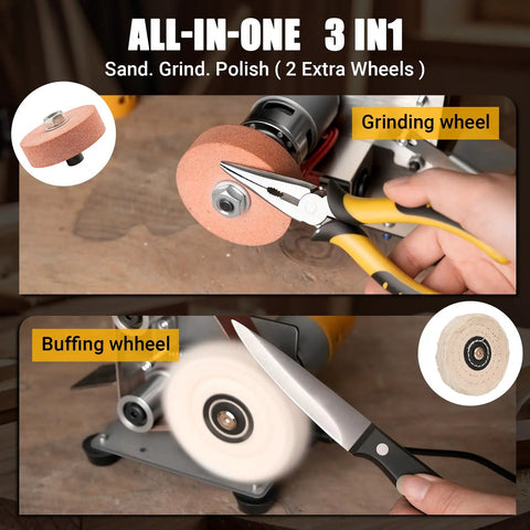 Badass Mini Electric Belt Sander And Knife Sharpener For Precision Jewelry Crafting And Desk Polishing Compact Power Tool with grinding and buffing wheels.