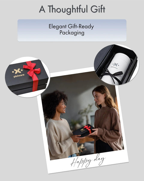 Two people exchanging a gift box with elegant packaging, featuring the brand logo and ribbon, suitable for various occasions.