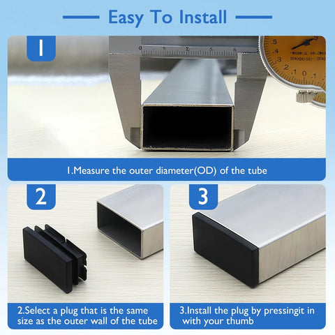 Instructional image showing installation of Rectangular Tubing End Caps Four Pack for 2 By 4 Inch Tubes Plastic Black End Plugs for 3 to 5 mm Wall Thickness.