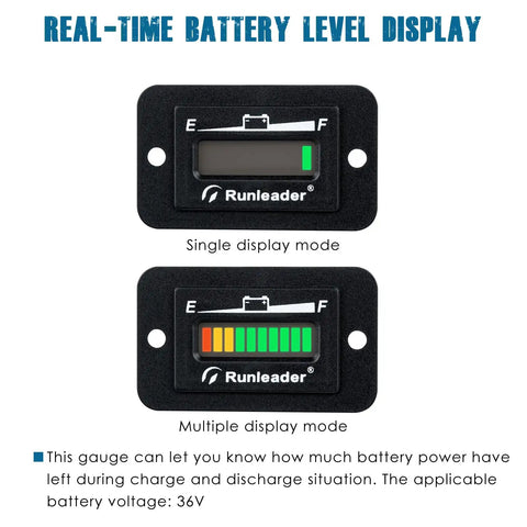 Runleader Lead Acid Battery Monitor DC 36V with real-time single and multiple display modes for charge tracking.