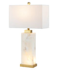 White Gold Modern Alabaster Rectangular Table Lamp With Night Light For Bedroom Coastal Vibe Bedside Lamp With White Linen Shade