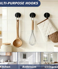 No Sweat Heavy Duty Suction Cup Shower Hooks In Matte Black used for hanging utensils and towels in bathroom and kitchen.
