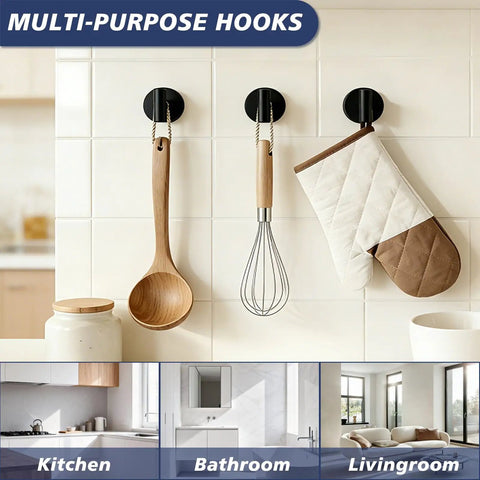 No Sweat Heavy Duty Suction Cup Shower Hooks In Matte Black used for hanging utensils and towels in bathroom and kitchen.