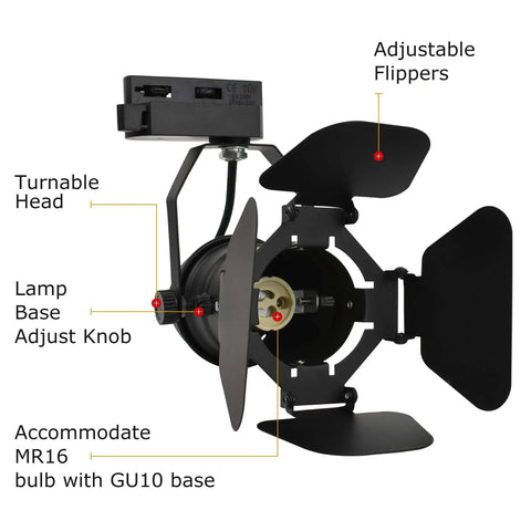 Vintage Industrial Track Light Head showing adjustable flippers and turnable head with 5W GU10 LED, 3000K warm white, black finish