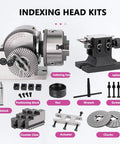 Workhorse Rotary Indexing Head With Three Jaw Chuck And Separate Tailstock For No Sweat Alignment During Precision Milling Drilling Tasks Eight Inch Version with various accessories.
