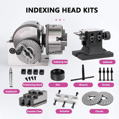 Heavy Duty Rotary Indexing Head Kit With 3 Jaw Chuck And Tailstock Dividing Plates For Precision Cnc Milling components including headstock, chucks, and actuator.