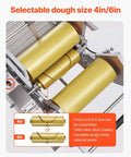 Close-up of the Qiokoith Automatic Electric Tortilla Maker Machine showing selectable dough sizes 4in/6in with non-stick rollers.