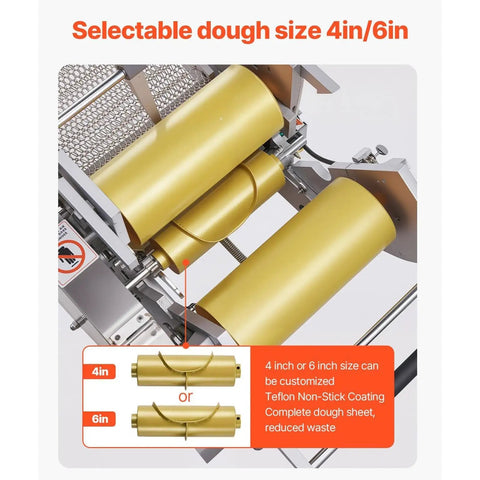 Close-up of the Qiokoith Automatic Electric Tortilla Maker Machine showing selectable dough sizes 4in/6in with non-stick rollers.