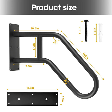 Rock Solid U Shaped Hand Rails For Outdoor Steps With Heavy Duty Wall Mount Grab Bar dimensions displayed on a black rail.