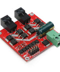 Industrial grade Dual H Bridge DC Motor Driver for Two Motors, PWM Speed Controller 6.5V to 27V, shown with electronic components mounted on red PCB