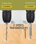 Close-up of 20V Cordless Drill Kit's dual speed settings for drilling and driving on wood surface, showing drill bit and screw bit.