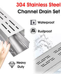 Close-up of 304 stainless steel trench with grates, labeled waterproof and rustproof, for Built Tough Heavy Duty Trench Drainage System.