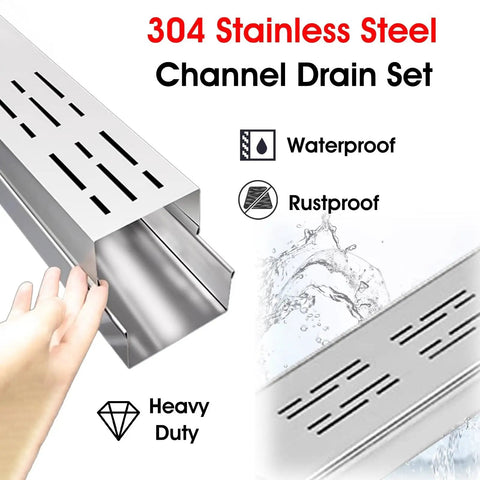 Close-up of 304 stainless steel trench with grates, labeled waterproof and rustproof, for Built Tough Heavy Duty Trench Drainage System.