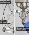 Modern Dope 3-Light Geometric Lantern Chandelier in Brushed Nickel Finish With Cylinder Trellis Cage And Crystal Orb Finial, close-up of lattice cage and crystal sphere detail.