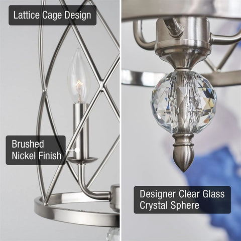 Modern Dope 3-Light Geometric Lantern Chandelier in Brushed Nickel Finish With Cylinder Trellis Cage And Crystal Orb Finial, close-up of lattice cage and crystal sphere detail.