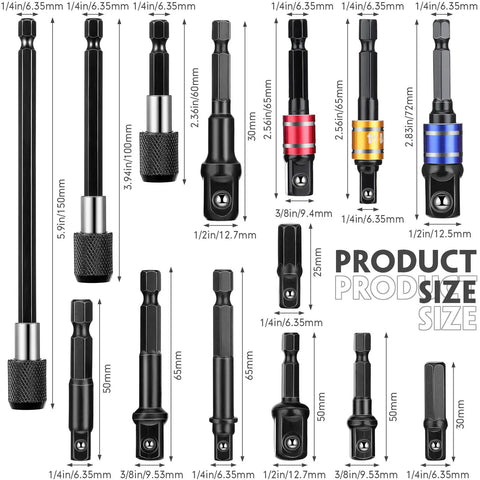 Must Have Pro Grade Flexible Drill Bit Extension Set with various sizes and adapters, featuring 105 Degree Right Angle Attachment.
