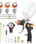 Pro Level HVLP Paint Spray Gun Kit With Live Pressure Gauge And Precision Brass Tips For Slick Smooth Finish Zero Overspray Efficient Atomization Makes Touch Ups A Breeze For Garage Or Home Projects, featuring various nozzles and tools.
