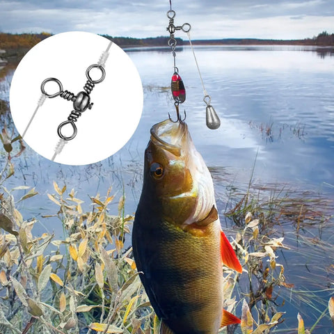 100 Piece Drift Team Approved Three Way Fishing Swivels Black Nickel Stainless Steel T Shape Connectors used for fishing.