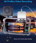 Setup for 4K ProRes video recording using iPhone 16/15 Pro with magnetic portable SSD attached, showing sunset on screen.