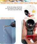 Comparison of drilling with and without No Mess Drill Dust Collector; shows dust accumulation difference and collector efficiency.