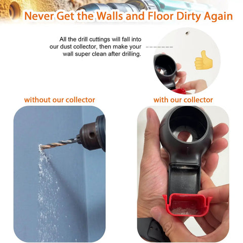 Comparison of drilling with and without No Mess Drill Dust Collector; shows dust accumulation difference and collector efficiency.